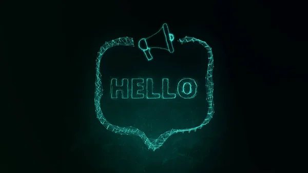 Megafon-Banner mit Sprechblase und Text hallo. Plexus-Stil aus grünen leuchtenden Punkten und Linien. Abstrakte Illustration — Stockfoto