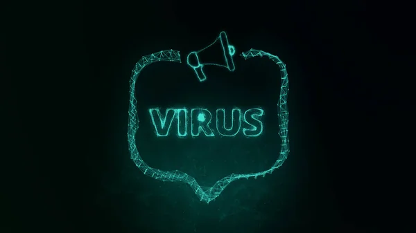 Megafon banner beszédbuborékkal és szöveges vírussal. Plexus stílus zöld ragyogó pontok és vonalak. Absztrakt illusztráció — Stock Fotó