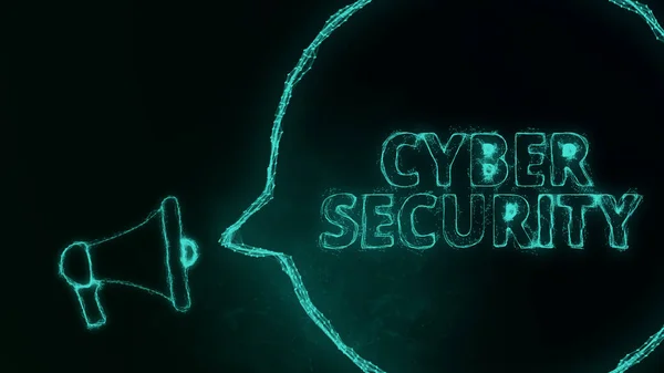 Мегафонный баннер с логотипом и текстовой кибербезопасностью. Плексус стиль зеленых светящихся точек и линий. Абстрактная иллюстрация — стоковое фото