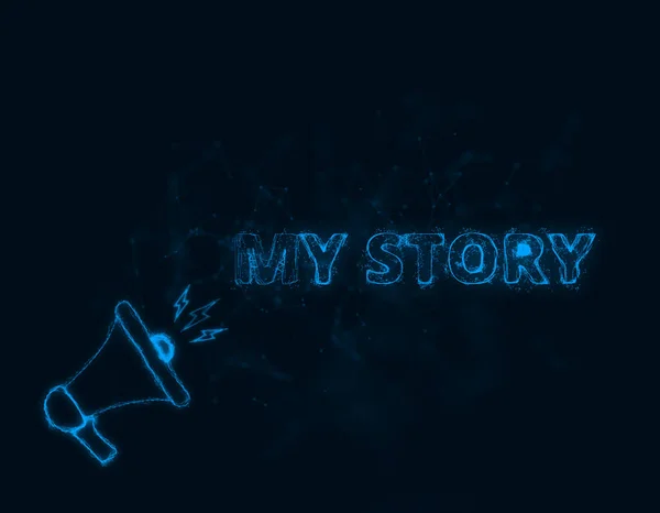 Banner de megáfono con texto mi historia. Estilo plexo de puntos y líneas azules brillantes. ilustración abstracta — Foto de Stock