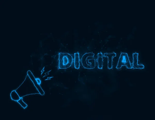 Megafon-Banner mit digitalem Text. Plexus-Stil aus blau leuchtenden Punkten und Linien. Abstrakte Illustration — Stockfoto