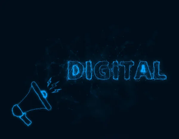 Banner de megafone com texto digital. Estilo plexo de pontos brilhantes azuis e linhas. Ilustração abstrata — Fotografia de Stock