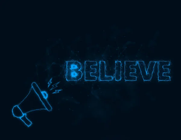 Megaphone banner with text believe. Plexus style of blue glowing dots and lines. Abstract illustration — Stock Photo, Image