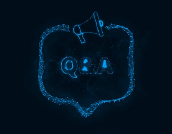 Banner de megafone com bolha de fala e texto q e a. Uma pergunta. Estilo plexo de pontos brilhantes azuis e linhas. Ilustração abstrata — Fotografia de Stock