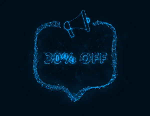 Bandiera megafono con bolla vocale e sms 30 per cento di sconto. Stile plesso di blu puntini luminosi e linee. Illustrazione astratta — Foto Stock