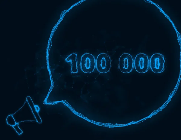 Banner de megafone com bolha de fala e número 100000. 100 mil gostos, seguidores. Estilo plexo de pontos brilhantes azuis e linhas. Ilustração abstrata — Fotografia de Stock