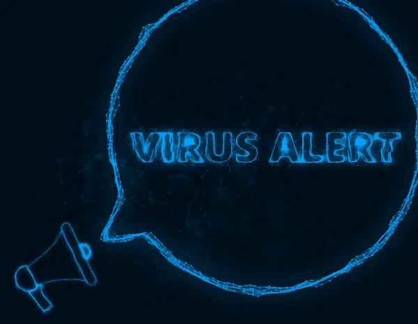 Hangosbeszélő banner beszédbuborékkal és szöveges vírussal. Plexus stílus kék ragyogó pontok és vonalak. Absztrakt illusztráció — Stock Fotó