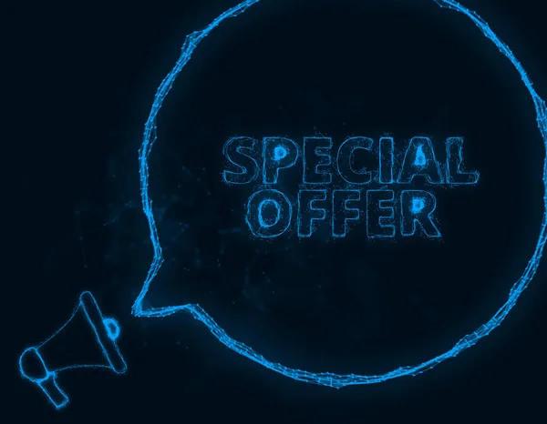 Megaphone banner with speech bubble and text special offer. Plexus style of blue glowing dots and lines. Abstract illustration — Stock Photo, Image