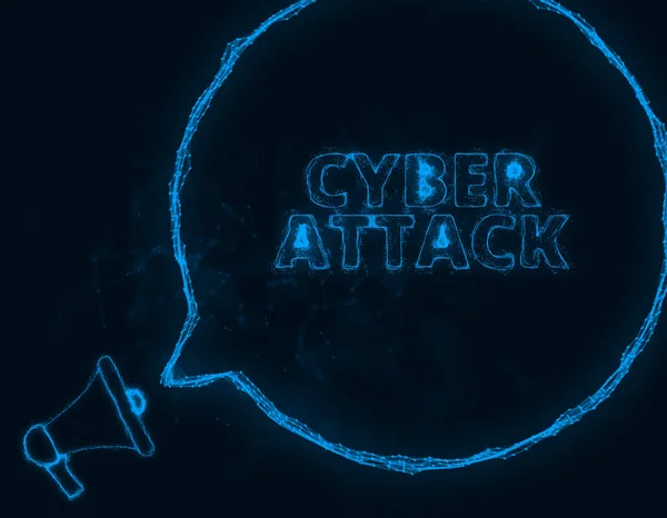 Банер Megaphone з бульбашкою мовлення та текстовою кібер-атакою. Плексичний стиль блакитних сяючих точок і ліній. Абстрактна ілюстрація — стокове фото