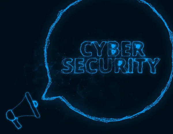 Мегафонный баннер с логотипом и текстовой кибербезопасностью. Плексус стиль синих светящихся точек и линий. Абстрактная иллюстрация — стоковое фото