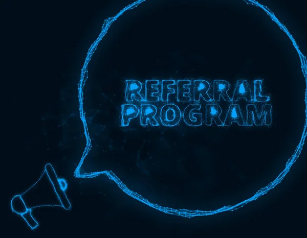 Megaphone banner with speech bubble and text referral program. Plexus style of blue glowing dots and lines. Abstract illustration — Stock Photo, Image