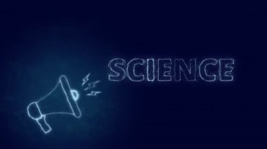 Metin bilimi ile megafon afişi. Parlayan mavi noktalar ve çizgilerin pleksus biçimi