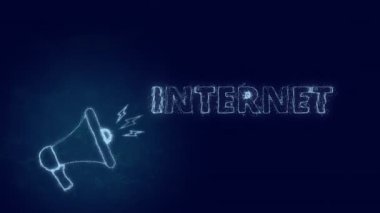 Metin internetli megafon afişi. Parlayan mavi noktalar ve çizgilerin pleksus biçimi