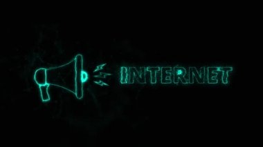 Metin internetli megafon afişi. Parlayan mavi noktalar ve çizgilerin pleksus biçimi