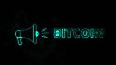 Metin Bitcoin 'li megafon afişi. Parlayan mavi noktalar ve çizgilerin pleksus biçimi