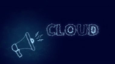 Metin bulutlu megafon pankartı. Parlayan mavi noktalar ve çizgilerin pleksus biçimi