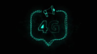 Konuşma baloncuklu megafon pankartı ve metin 4G. Parlak yeşil noktalar ve çizgilerin pleksus biçimi