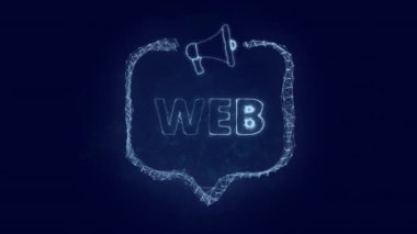 Konuşma balonu ve metin ağlı megafon afişi. Parlak yeşil noktalar ve çizgilerin pleksus biçimi