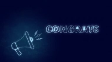 Tebrik mesajlarıyla birlikte megafon afişi. Parlayan mavi noktalar ve çizgilerin pleksus biçimi