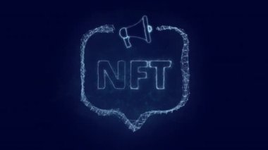 Konuşma balonu ve metin nft ile megafon pankartı. Parlak yeşil noktalar ve çizgilerin pleksus biçimi