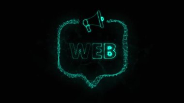 Konuşma balonu ve metin ağlı megafon afişi. Parlak yeşil noktalar ve çizgilerin pleksus biçimi