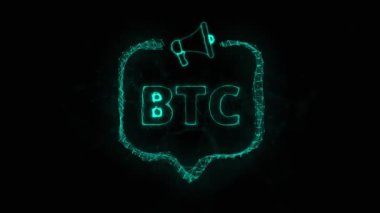 Konuşma baloncuklu megafon pankartı ve BTC metni. Parlak yeşil noktalar ve çizgilerin pleksus biçimi