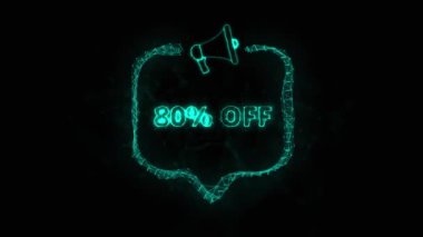 Konuşma baloncuklu megafon afişi ve% 80 indirimli mesaj. Parlak yeşil noktalar ve çizgilerin pleksus biçimi