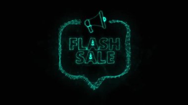 Konuşma baloncuklu megafon afişi ve kısa mesaj indirimi. Parlak yeşil noktalar ve çizgilerin pleksus biçimi