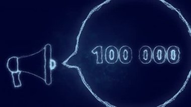 Konuşma baloncuklu megafon pankartı ve 100.000 numara. 100 bin beğeni, takipçiler. Parlak yeşil noktalar ve çizgilerin pleksus biçimi