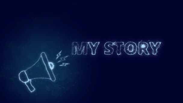 Hikayemi mesajla birlikte megafon afişi. Parlayan mavi noktalar ve çizgilerin pleksus biçimi — Stok video