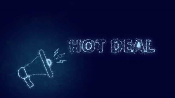 Банер Megaphone з текстовою гарячою угодою. Стиль плексу блакитних сяючих точок і ліній — стокове відео