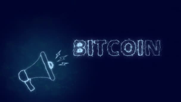 Megafoon banner met tekst Bitcoin. Plexus stijl van blauw gloeiende stippen en lijnen — Stockvideo