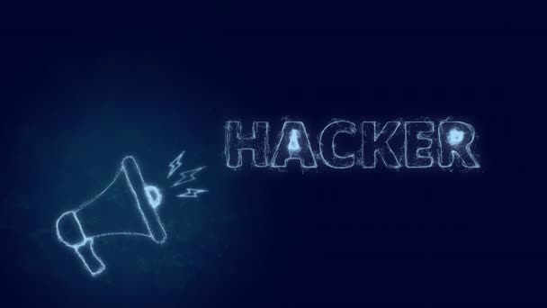 Banner de megáfono con hacker de texto. Plexo estilo de azul brillante puntos y líneas — Vídeo de stock