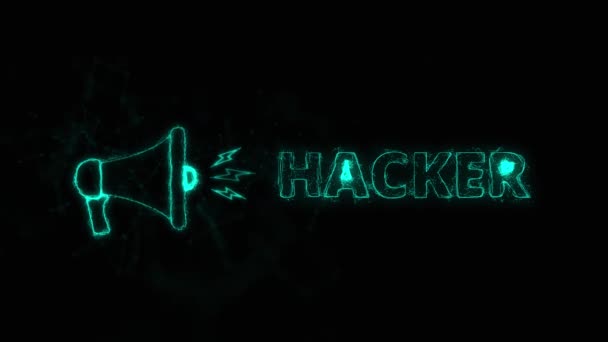 Banner de megafone com hacker de texto. Estilo plexo de pontos brilhantes azuis e linhas — Vídeo de Stock