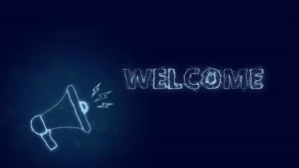 Hoş geldin yazılı megafon afişi. Parlayan mavi noktalar ve çizgilerin pleksus biçimi — Stok video
