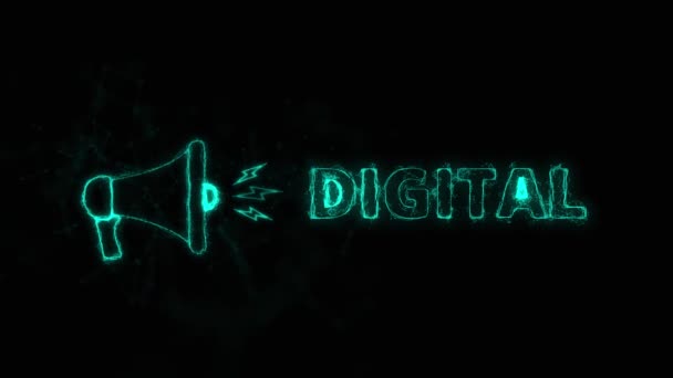 Banner de megáfono con texto digital. Plexo estilo de azul brillante puntos y líneas — Vídeo de stock