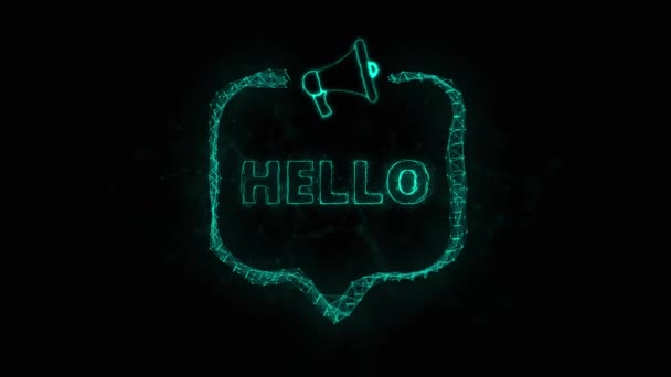 Megaphone banner with speech bubble and text hello. Plexus style of blue glowing dots and lines — Stock Video