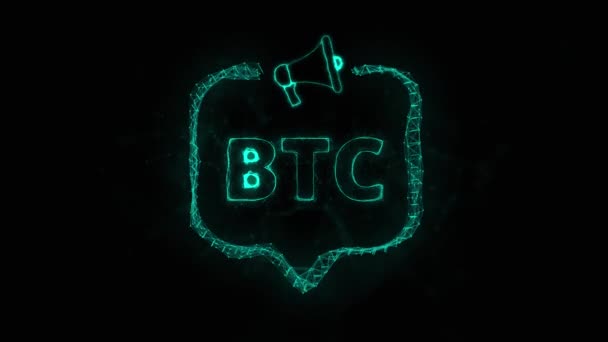 Banner de megafone com bolha de fala e texto BTC. Plexo estilo de pontos brilhantes verdes e linhas — Vídeo de Stock