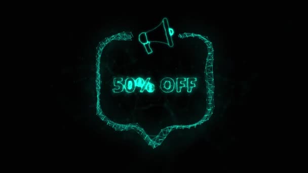 Megaphone banner with speech bubble and text 50 percent off. Plexus style of green glowing dots and lines — Stock Video