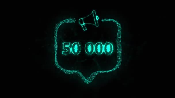 Megaphone banner with speech bubble and 50000 number. 50K likes, followers. Plexus style of green glowing dots and lines — Stock Video