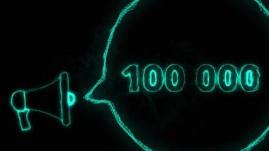 Konuşma baloncuklu megafon pankartı ve 100.000 numara. 100 bin beğeni, takipçiler. Parlak yeşil noktalar ve çizgilerin pleksus biçimi