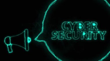 Konuşma baloncuklu megafon pankartı ve mesaj siber güvenliği. Parlak yeşil noktalar ve çizgilerin pleksus biçimi