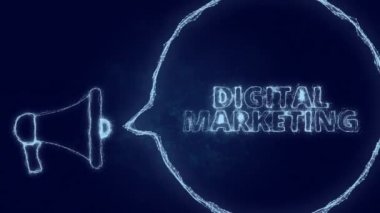 Konuşma balonu ve metin dijital pazarlama ile megafon afişi. Parlak yeşil noktalar ve çizgilerin pleksus biçimi