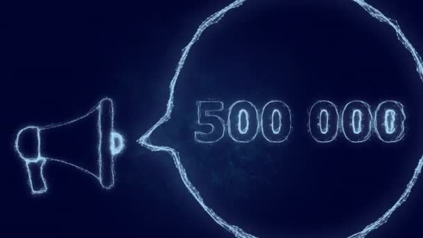 Konuşma baloncuklu megafon pankartı ve 500.000 numara. 500 bin beğeni, takipçiler. Parlak yeşil noktalar ve çizgilerin pleksus biçimi — Stok video