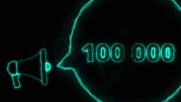 Banner de megáfono con burbuja de voz y número 100000. 100 mil me gusta, seguidores. Plexo estilo de verde brillante puntos y líneas — Vídeos de Stock