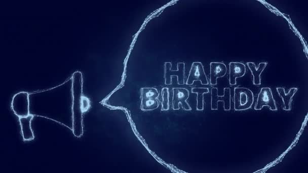 Banner de megafone com bolha de fala e texto feliz aniversário. Plexo estilo de pontos brilhantes verdes e linhas — Vídeo de Stock