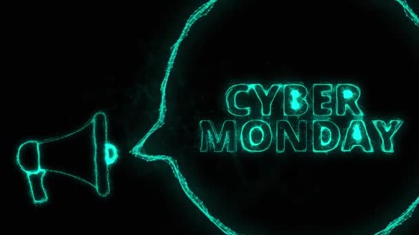 Banner de megáfono con burbuja de voz y texto cibernético lunes. Plexo estilo de verde brillante puntos y líneas — Vídeo de stock