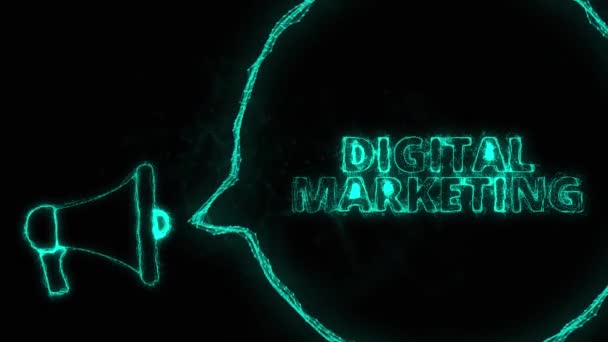 Banner de megafone com bolha de fala e marketing digital de texto. Plexo estilo de pontos brilhantes verdes e linhas — Vídeo de Stock