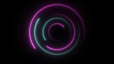 Soyut, dikişsiz, neon döngülü daire. Mavi ve mor neon daireler yüksek teknolojili hareketli arka plan dikişsiz döngü. 3B Video Canlandırması