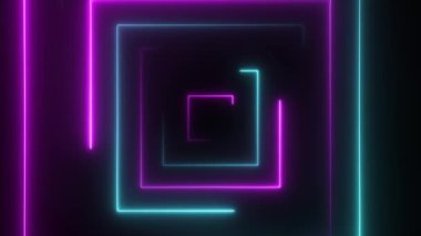 Soyut dikişsiz ilmek neon karesi. Mavi ve mor neon kareli yüksek teknolojili arka planda kusursuz döngü. 3B Video Canlandırması